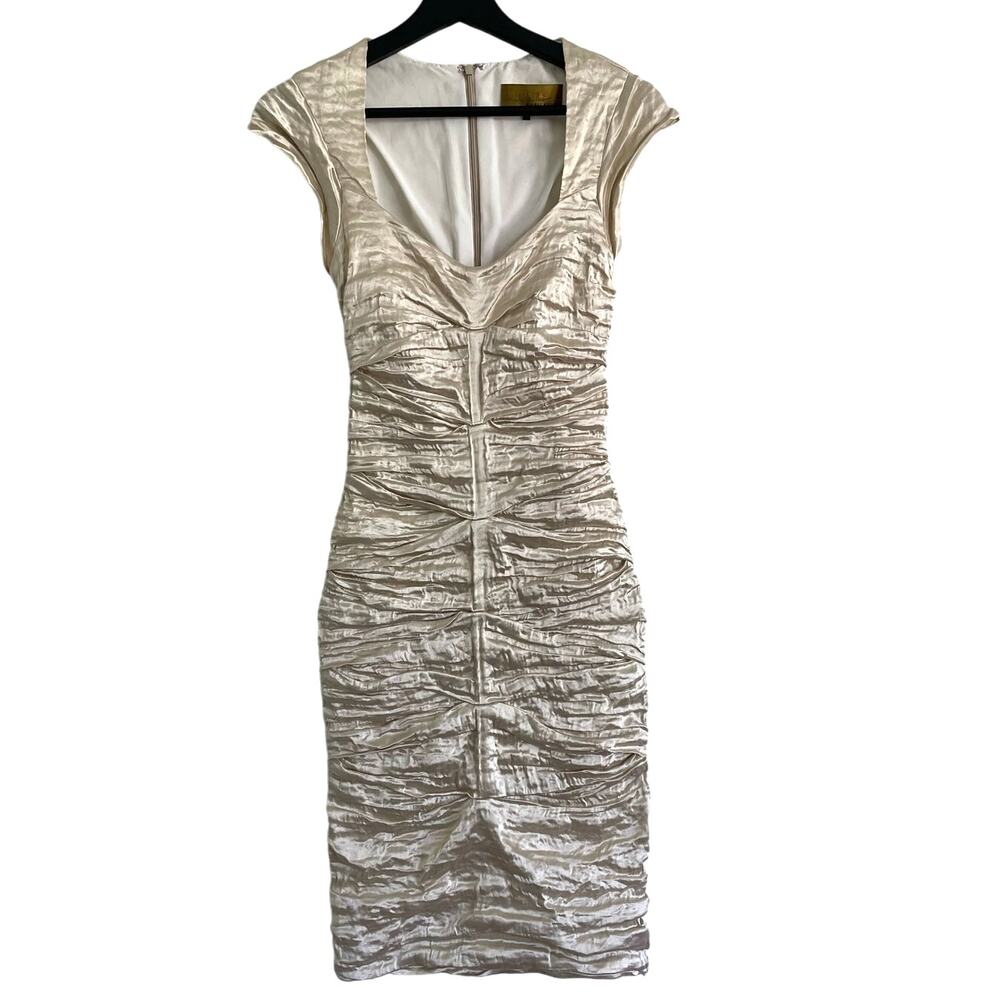Vintage Nicole Miller Stretch Metallic Gold Ruched Mini Dress Size 2 - 4